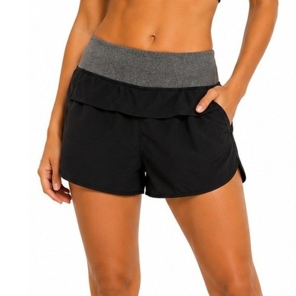 MPG Sport Women Black Running Shorts Grey Waistband Zipper Pocket Size | Small